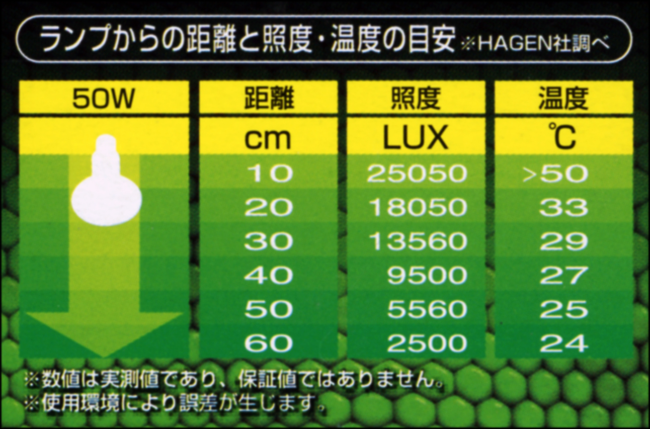 サングローバスキングスポットランプ50W　エキゾテラ　ランプからの距離と温度の目安