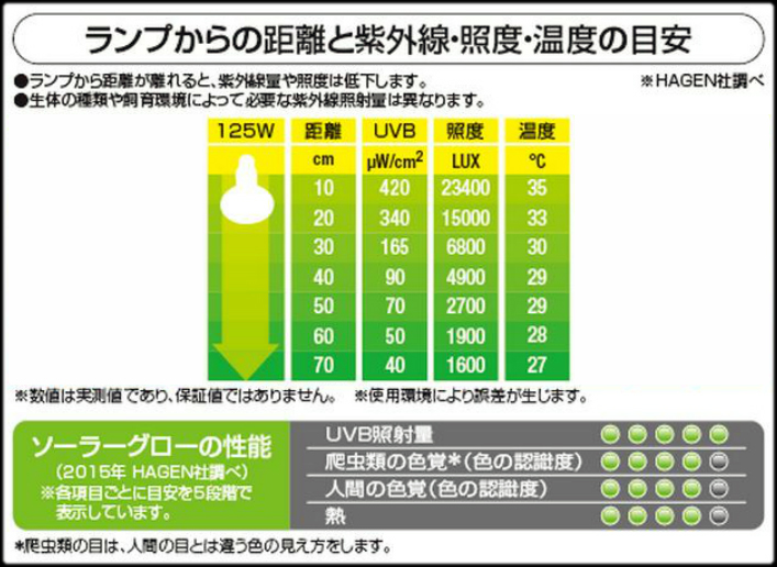 ソーラーグローUV125Wからの距離と紫外線量・照度・温度の目安