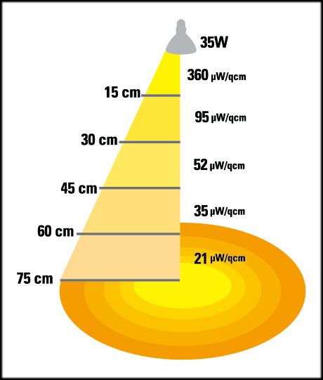 ソラリウムUV専用交換球35W　距離と出力の関係