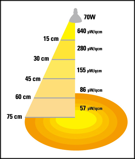 ソラリウムUV専用交換球70W　距離と出力の関係