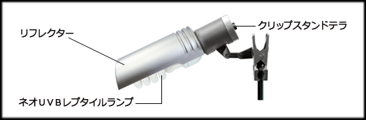 ネオUVBレプタイルランプ18Wのクリップスタンドテラ及びリフレクターでの使用例