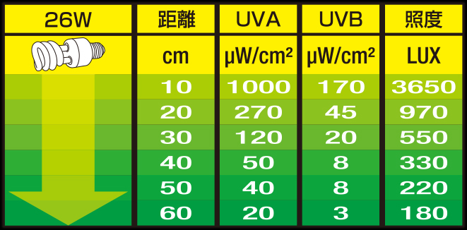 レプタイルUVB100 26Wの距離とUVB・UVA・照度の目安